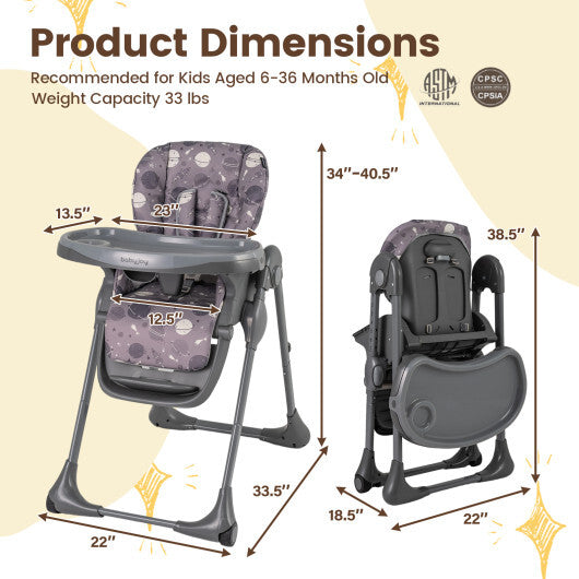 Folable High Chair with Detachable Cushion and High Chair for Babies and Toddlers-Gray W2B