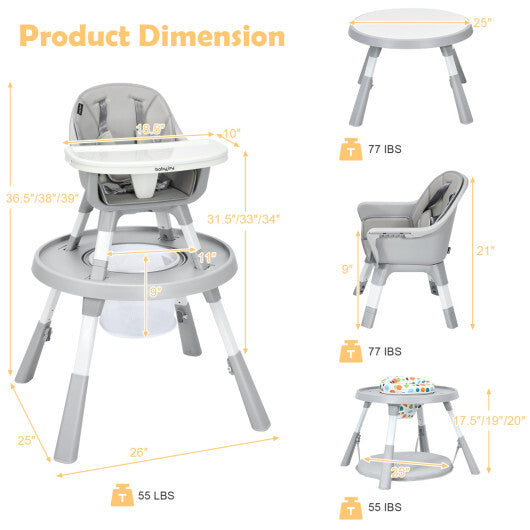 5-in-1 Baby Highchair with Height Adjustable and 2-Tier Tray Storage Busket-Gray W2B
