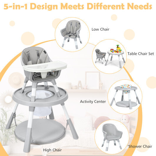 5-in-1 Baby Highchair with Height Adjustable and 2-Tier Tray Storage Busket-Gray W2B