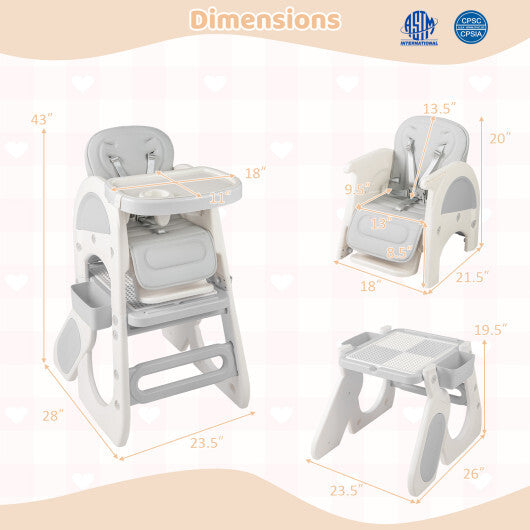 Convertible Baby High Chair with Double-layer Tray and Adjustable Backrest-Pink W2B
