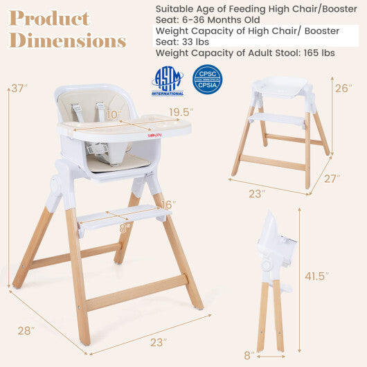 4-in-1 Convertible Baby High Chair with Detachable and Adjustable Tray-Beige W2B