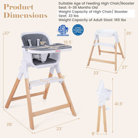 4-in-1 Convertible Baby High Chair with Detachable and Adjustable Tray-Beige W2B