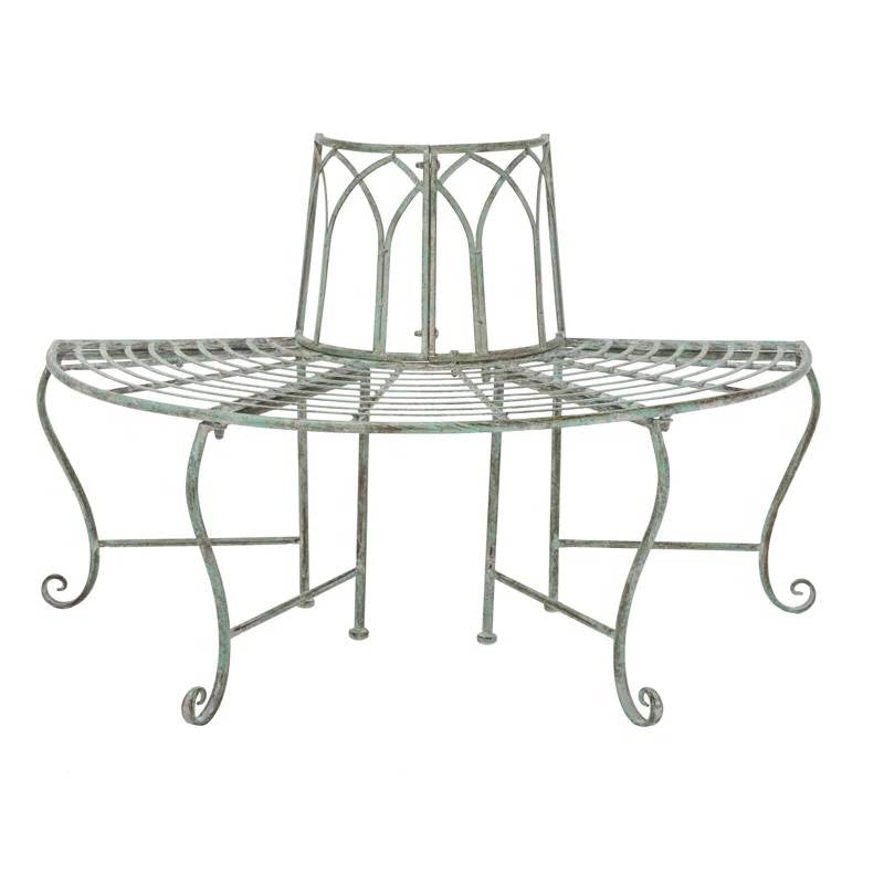 Half-Circle Outdoor Patio Garden Wrought Iron Tree Bench in Antique Green-0