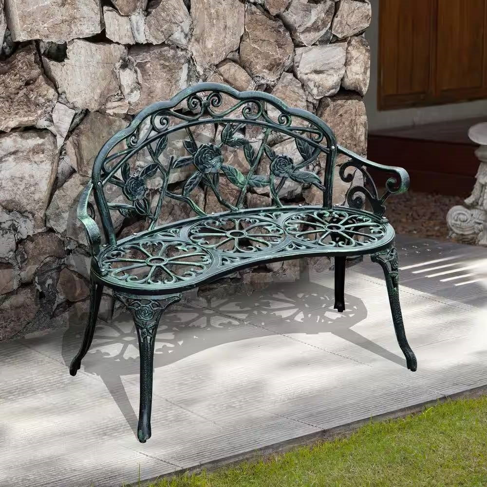 Outdoor Patio 40-inch Garden Bench with Backrest in Antique Green Metal Finish FastFurnishings