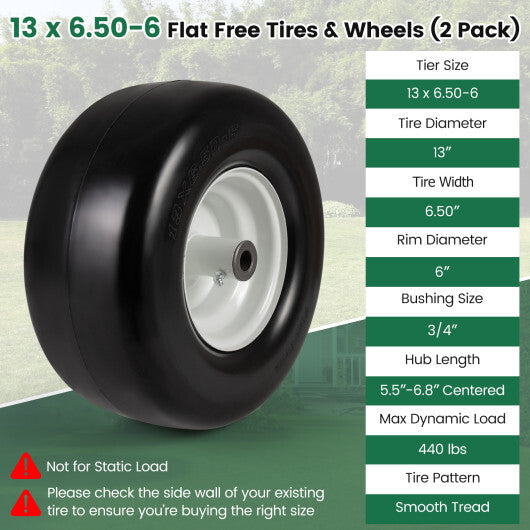 13 x 6.50-6 Flat Free Tires and Wheels 2 Pack Solid Rubber Tires-White W2B