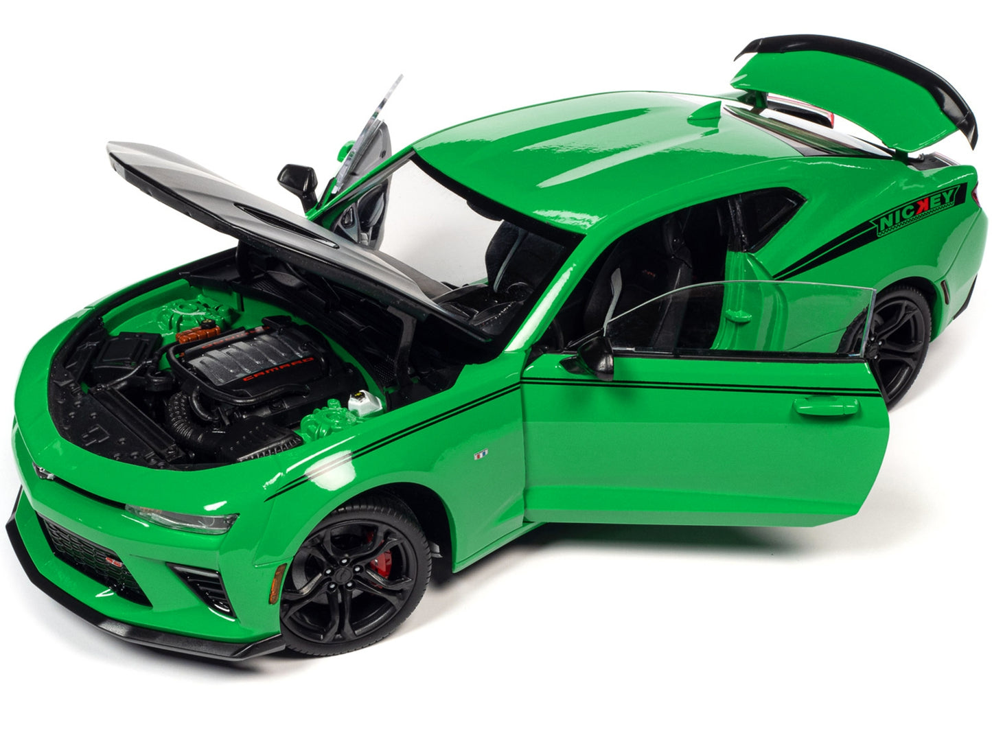 2017 Chevrolet Nickey Camaro SS 1LE Krypton Green with Matt Black Hood and Black Stripes 1/18 Diecast Model Car by Auto World