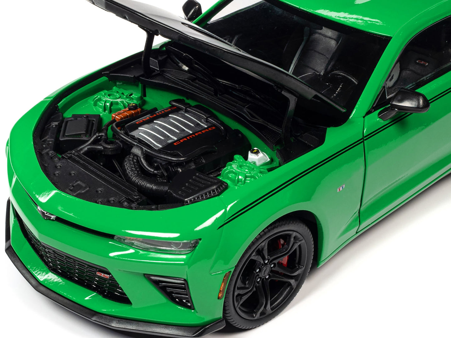 2017 Chevrolet Nickey Camaro SS 1LE Krypton Green with Matt Black Hood and Black Stripes 1/18 Diecast Model Car by Auto World