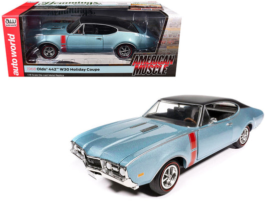 1968 Oldsmobile 442 W30 Holiday Coupe Teal Frost Metallic with Red Stripes and Black Vinyl Top "Hemmings Motor News July 2023 Cover Car" "American Muscle" Series 1/18 Diecast Model Car by Auto World Autoworld