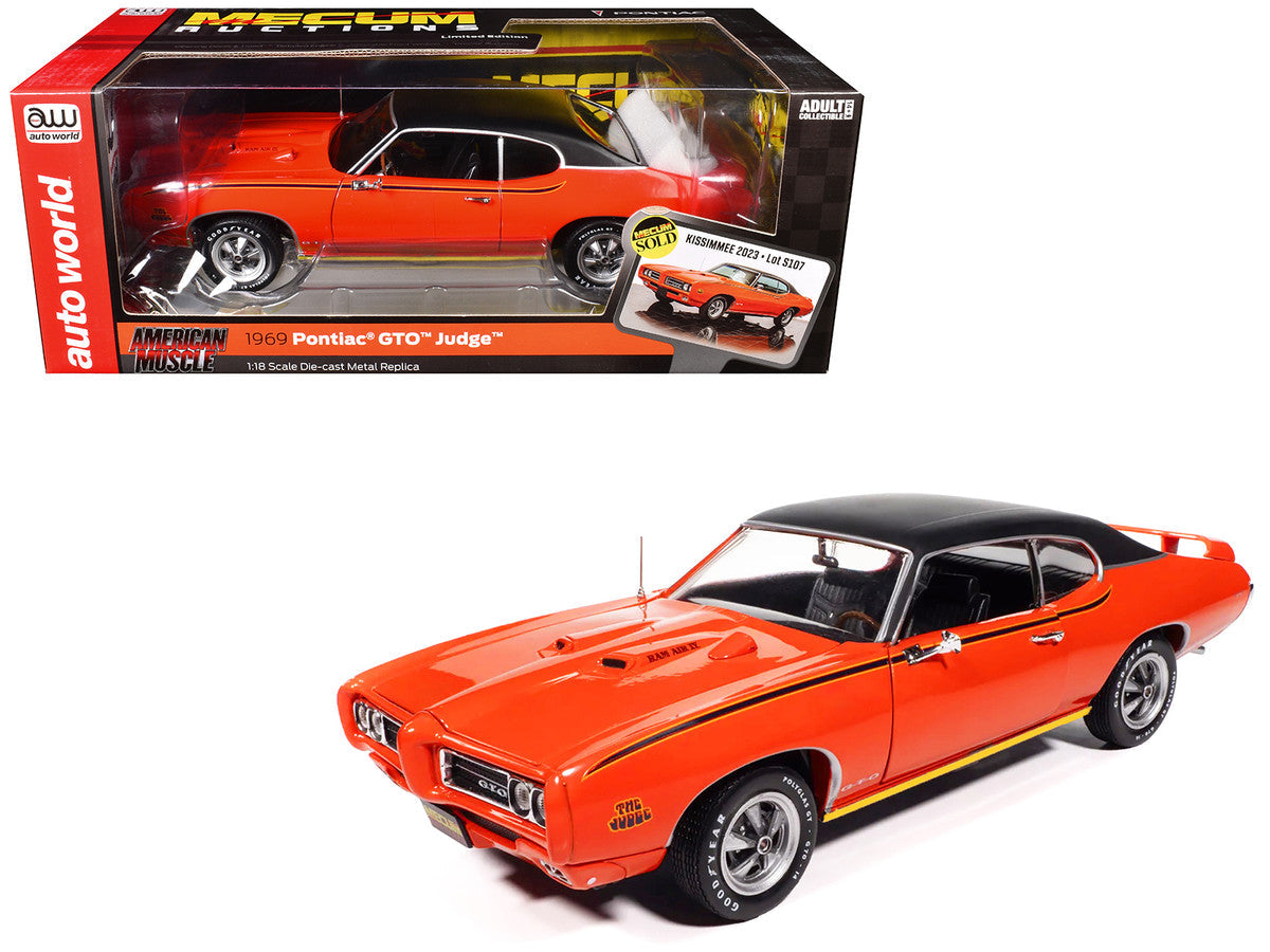 1969 Pontiac GTO Judge Carousel Red with Black Stripes and Black Vinyl Top "Mecum Auctions" "American Muscle" Series 1/18 Diecast Model Car by Auto World Autoworld