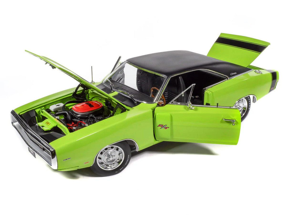 1970 Dodge Charger R/T "Muscle Car & Corvette Nationals" (MCACN) Sublime Green with Black Stripes and Black Vinyl Top "American Muscle" Series 1/18 Diecast Model Car by Auto World Autoworld