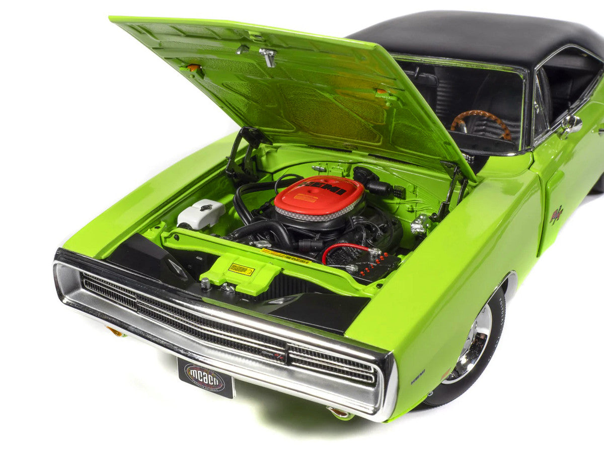 1970 Dodge Charger R/T "Muscle Car & Corvette Nationals" (MCACN) Sublime Green with Black Stripes and Black Vinyl Top "American Muscle" Series 1/18 Diecast Model Car by Auto World Autoworld