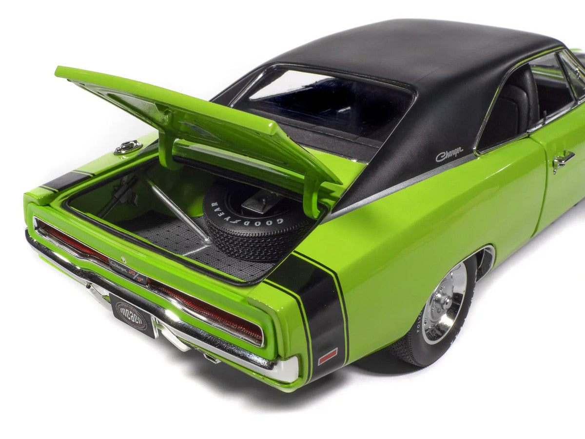 1970 Dodge Charger R/T "Muscle Car & Corvette Nationals" (MCACN) Sublime Green with Black Stripes and Black Vinyl Top "American Muscle" Series 1/18 Diecast Model Car by Auto World Autoworld
