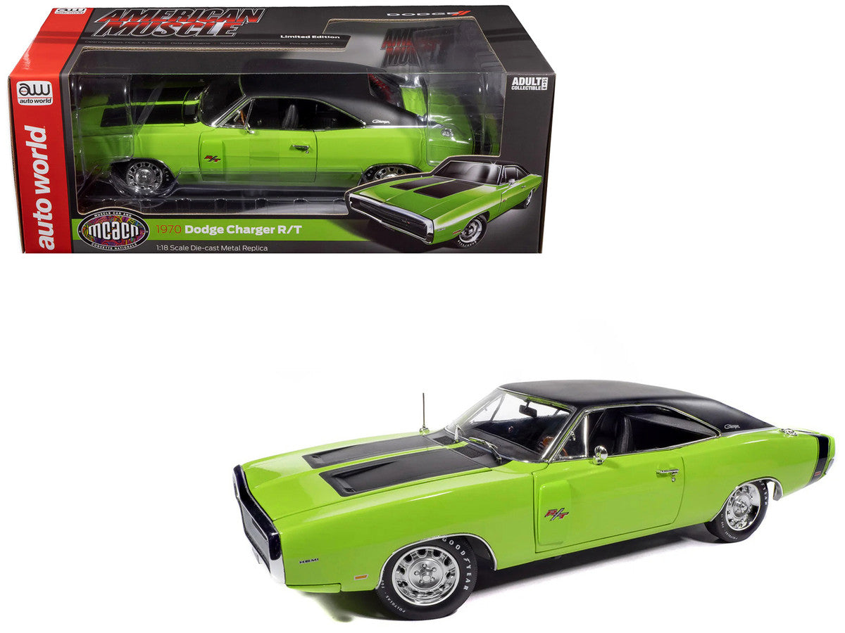 1970 Dodge Charger R/T "Muscle Car & Corvette Nationals" (MCACN) Sublime Green with Black Stripes and Black Vinyl Top "American Muscle" Series 1/18 Diecast Model Car by Auto World Autoworld