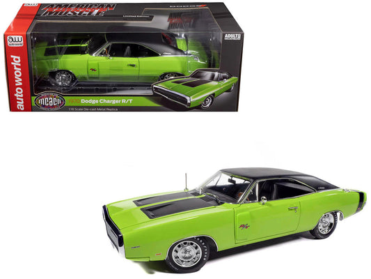 1970 Dodge Charger R/T "Muscle Car & Corvette Nationals" (MCACN) Sublime Green with Black Stripes and Black Vinyl Top "American Muscle" Series 1/18 Diecast Model Car by Auto World Autoworld