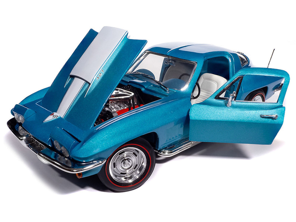 1967 Chevrolet Corvette Stingray Light Blue Metallic with White Hood Stripe "American Muscle" Series 1/18 Diecast Model Car by Auto World Autoworld