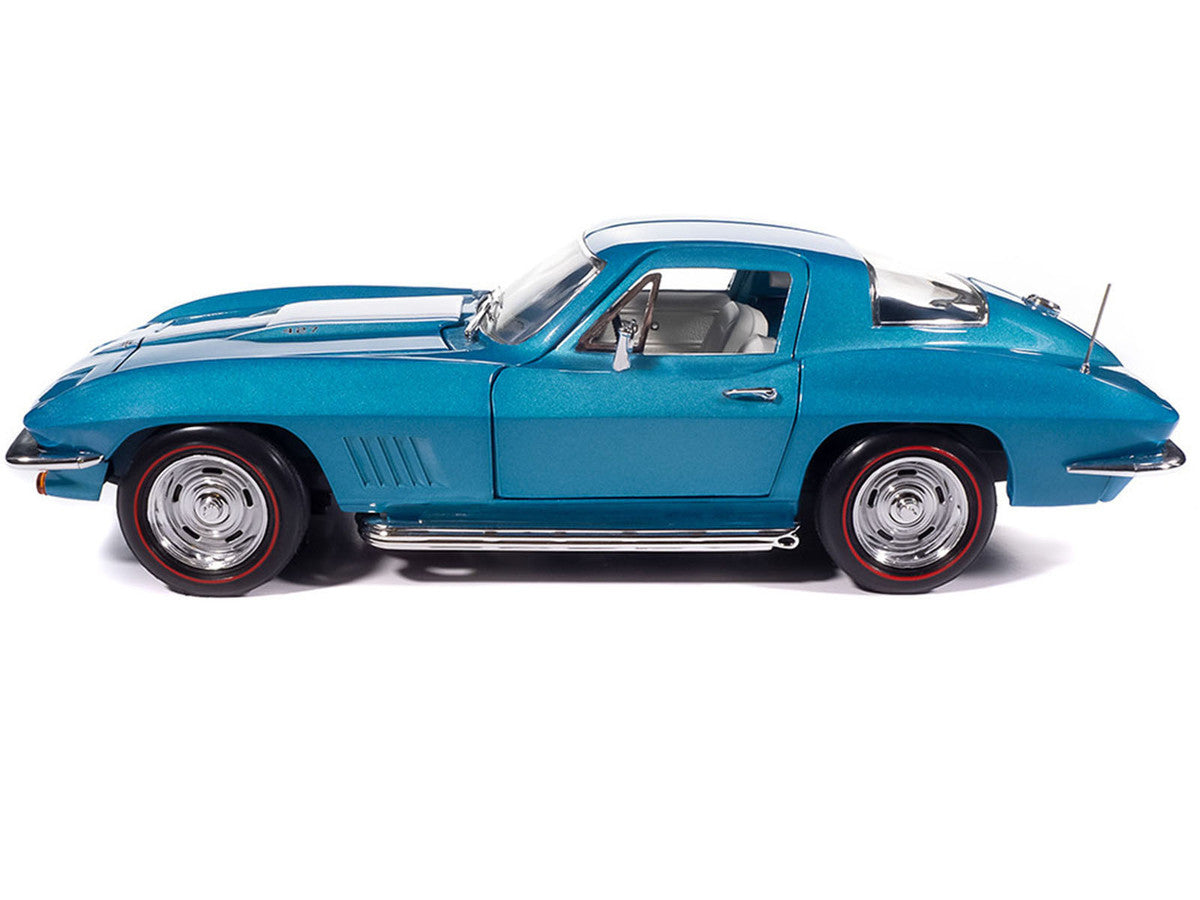 1967 Chevrolet Corvette Stingray Light Blue Metallic with White Hood Stripe "American Muscle" Series 1/18 Diecast Model Car by Auto World Autoworld