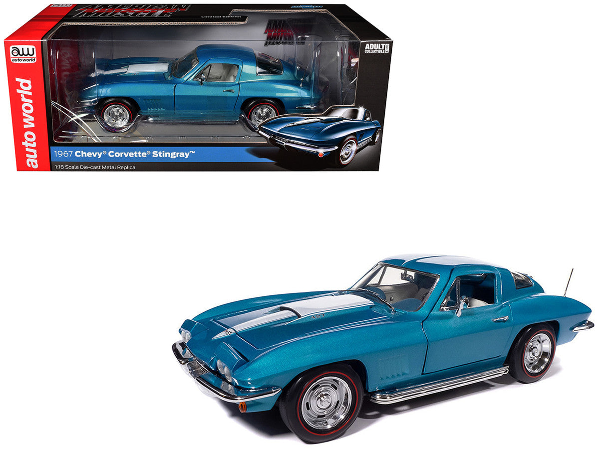 1967 Chevrolet Corvette Stingray Light Blue Metallic with White Hood Stripe "American Muscle" Series 1/18 Diecast Model Car by Auto World Autoworld
