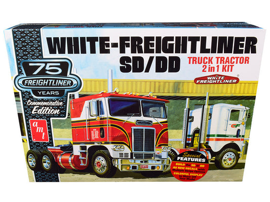 Skill 3 Model Kit White Freightliner SD/DD Truck Tractor 2-in-1 Kit with Display Base "75th Freightliner Anniversary" Commemorative Edition 1/25 Scale Model by AMT AMT