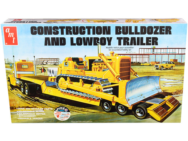 Skill 3 Model Kit Construction Bulldozer and Lowboy Trailer Set of 2 pieces 1/25 Scale Model by AMT AMT