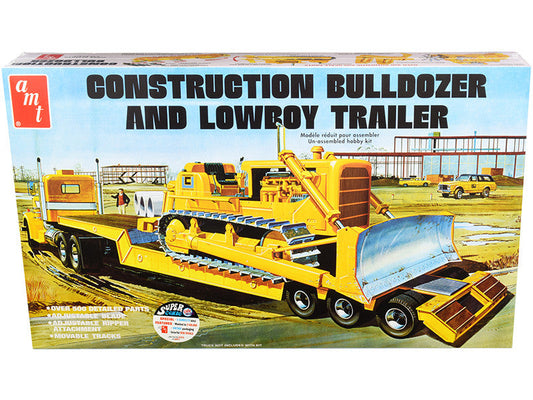 Skill 3 Model Kit Construction Bulldozer and Lowboy Trailer Set of 2 pieces 1/25 Scale Model by AMT AMT