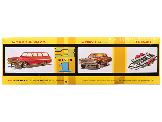 Skill 2 Model Kit Indy Drag Combo Chevrolet II Wagon and Funny Car with Trailer 3 in 1 Set 1/25 Scale Model by AMT AMT