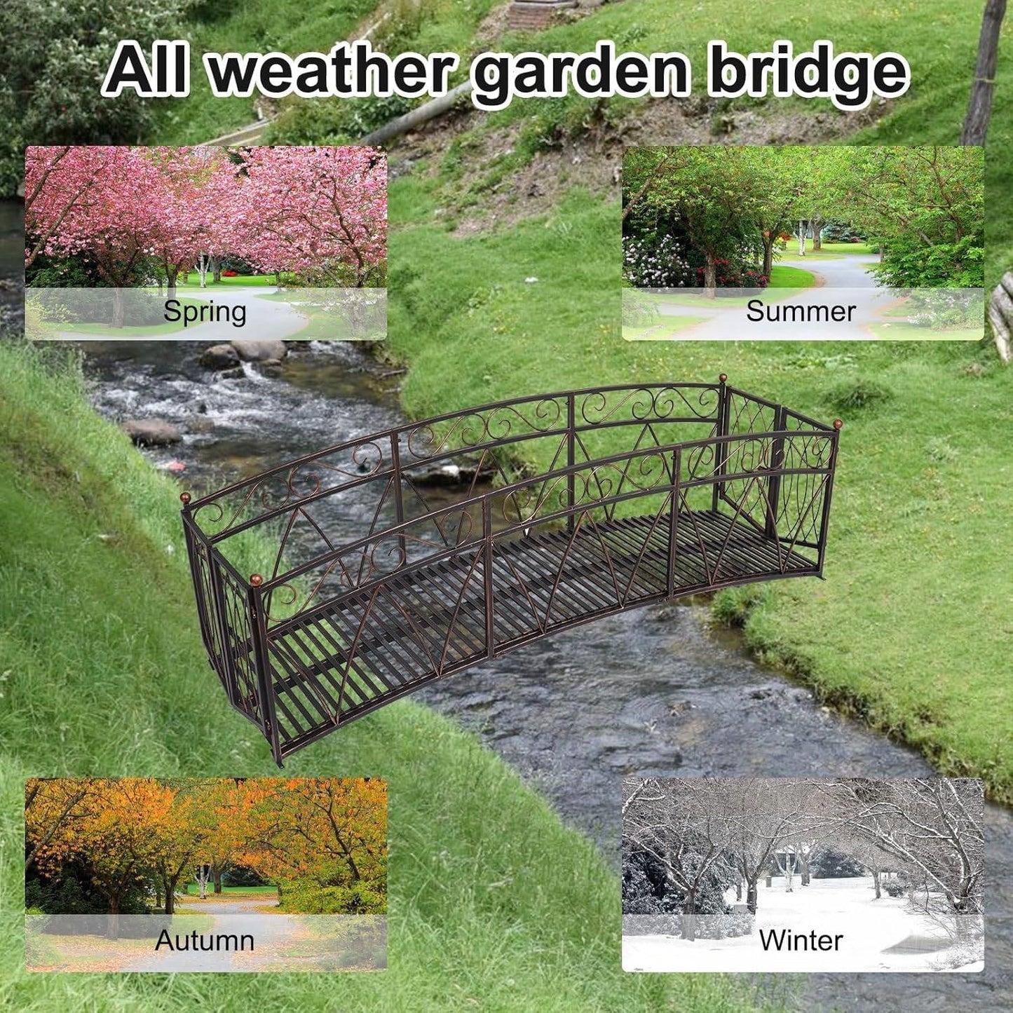 Outdoor Black Metal Arch 8-ft Garden Bridge with Safety Side Rails-1