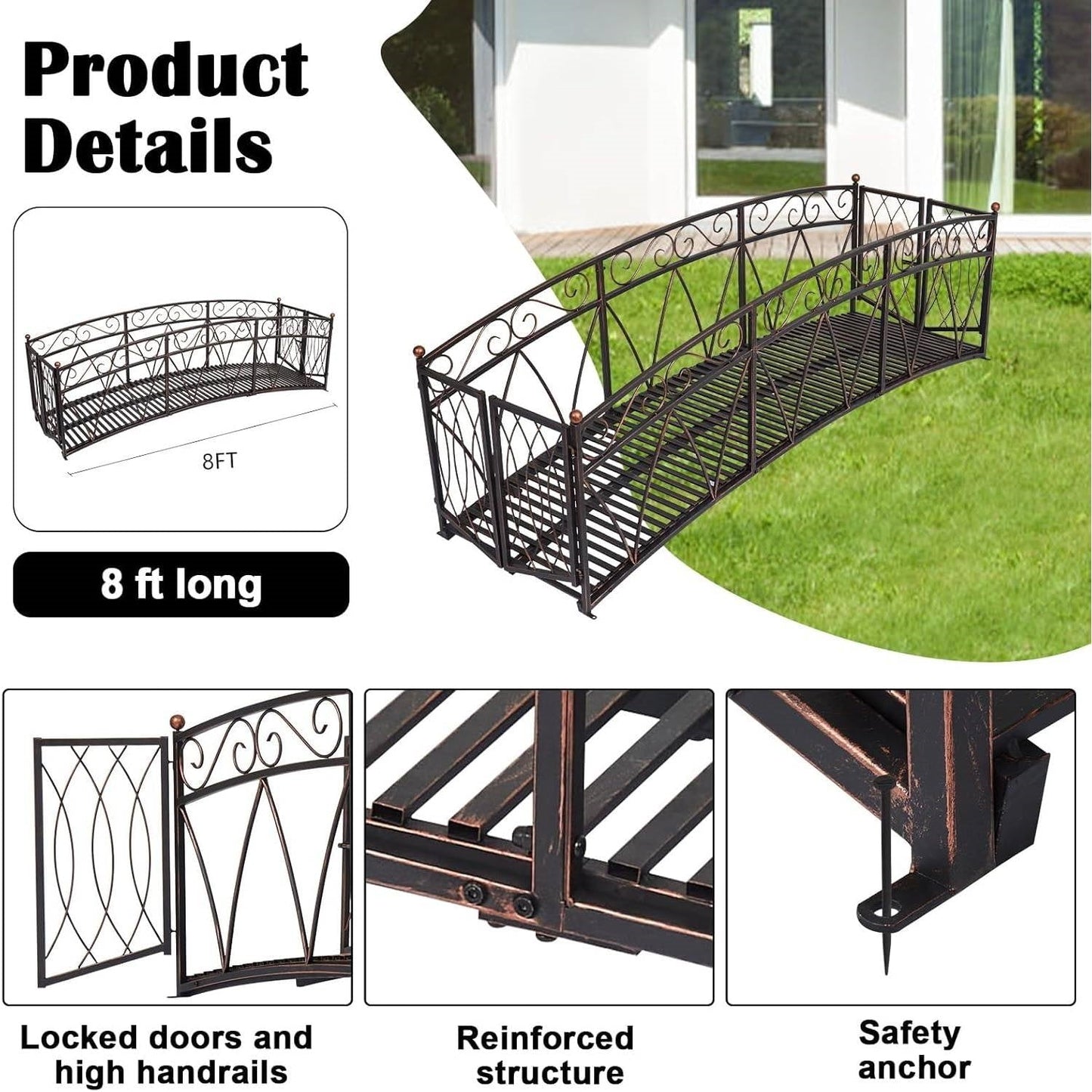 Outdoor Black Metal Arch 8-ft Garden Bridge with Safety Side Rails-3