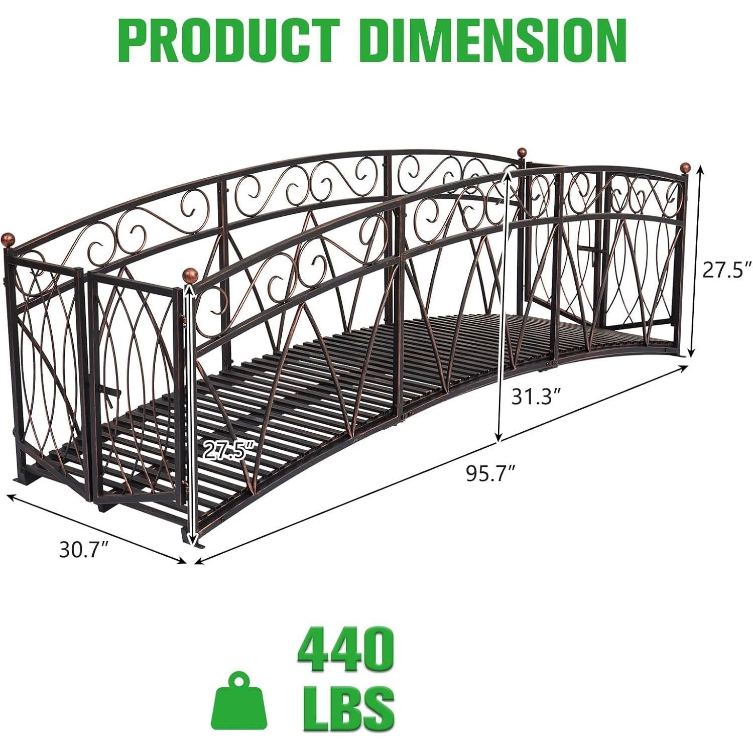 Outdoor Black Metal Arch 8-ft Garden Bridge with Safety Side Rails-4