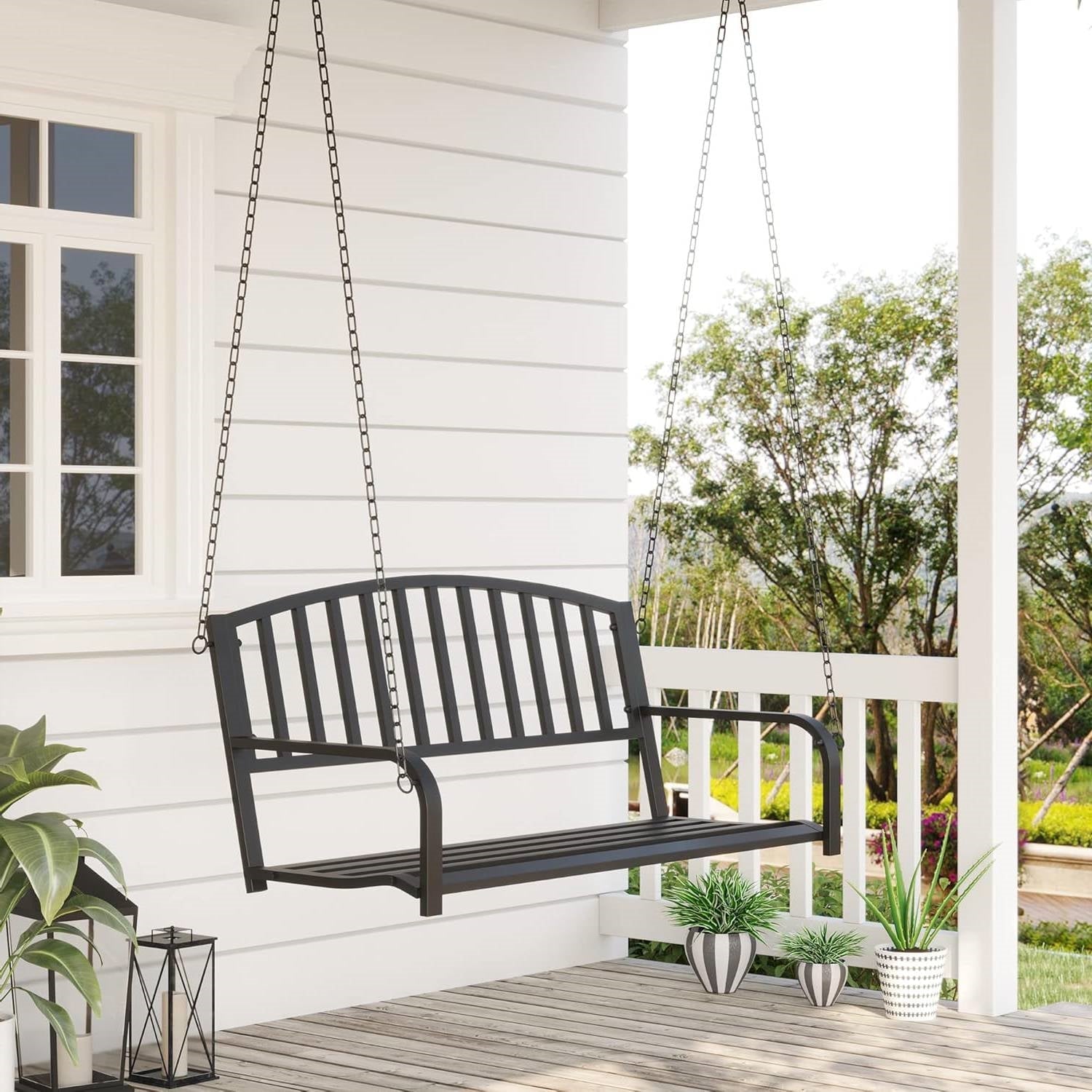 Modern Farmhouse Antique Black 2-Person Metal Outdoor Hanging Porch Swing FastFurnishings