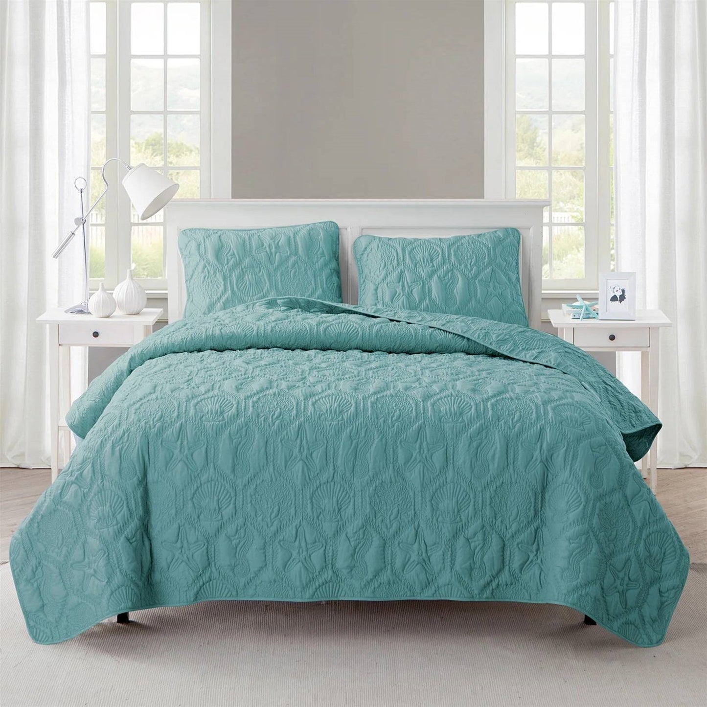 Queen Coastal Beach Starfish Seashell Seahorse Aqua Blue Teal 3-Piece Quilt Set FastFurnishings