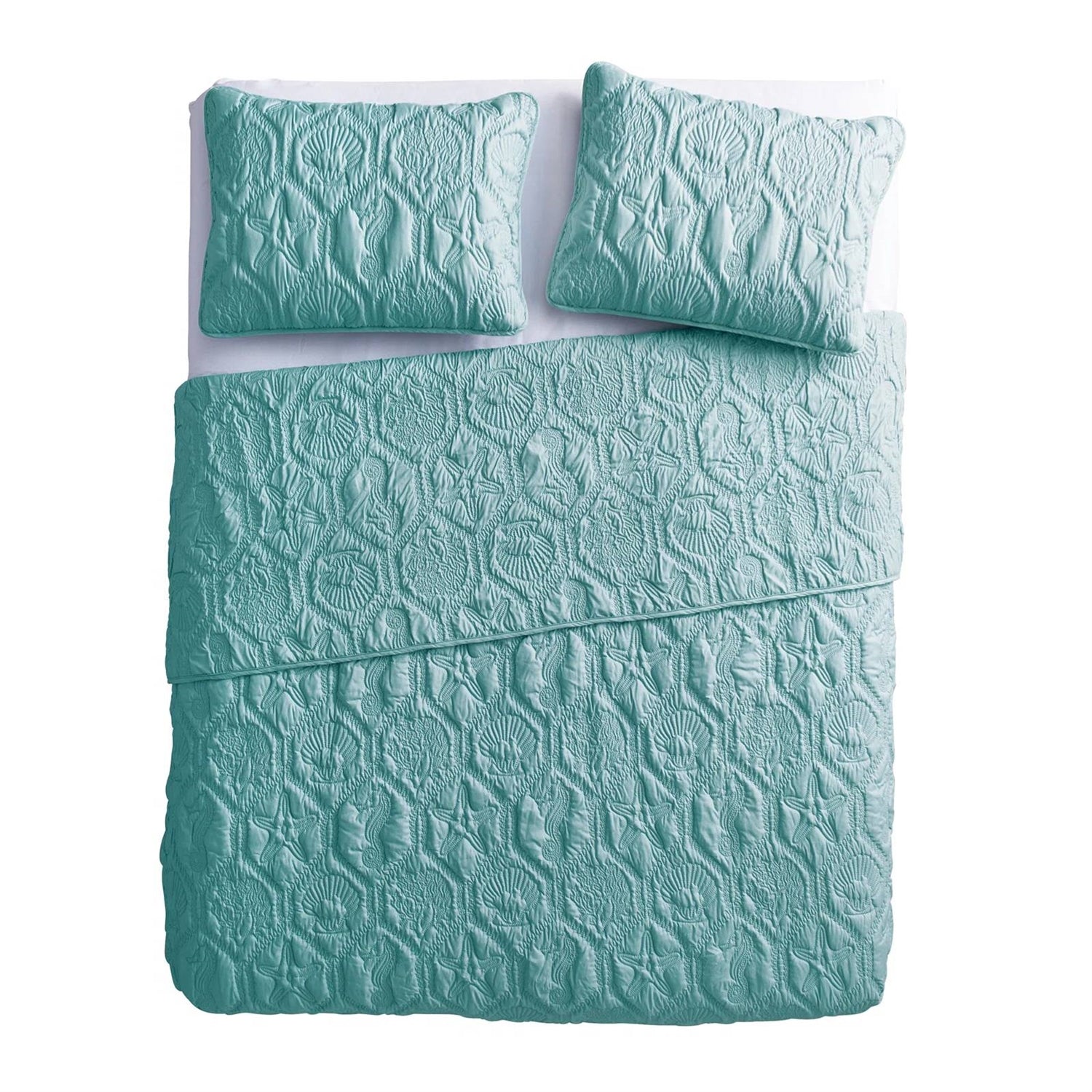 Queen Coastal Beach Starfish Seashell Seahorse Aqua Blue Teal 3-Piece Quilt Set FastFurnishings