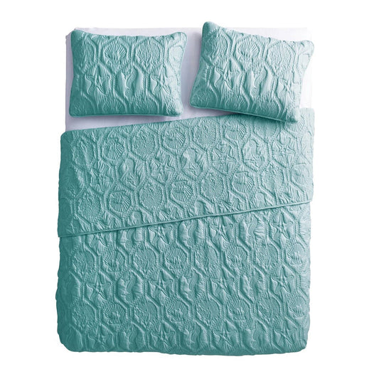 Queen Coastal Beach Starfish Seashell Seahorse Aqua Blue Teal 3-Piece Quilt Set FastFurnishings