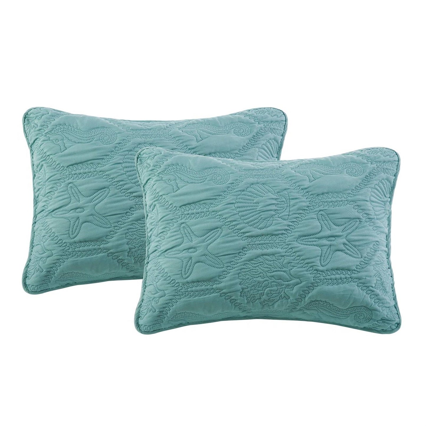 Queen Coastal Beach Starfish Seashell Seahorse Aqua Blue Teal 3-Piece Quilt Set FastFurnishings