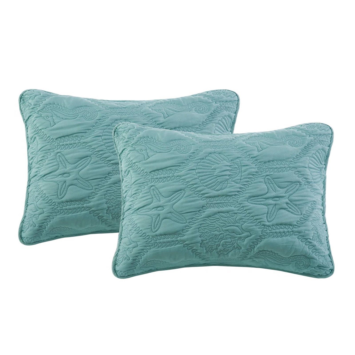 Queen Coastal Beach Starfish Seashell Seahorse Aqua Blue Teal 3-Piece Quilt Set FastFurnishings