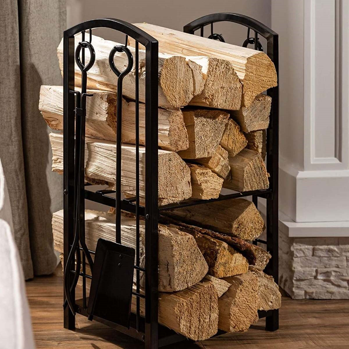 5 Piece Vintage Firewood Log Rack Holder Tools Set FastFurnishings