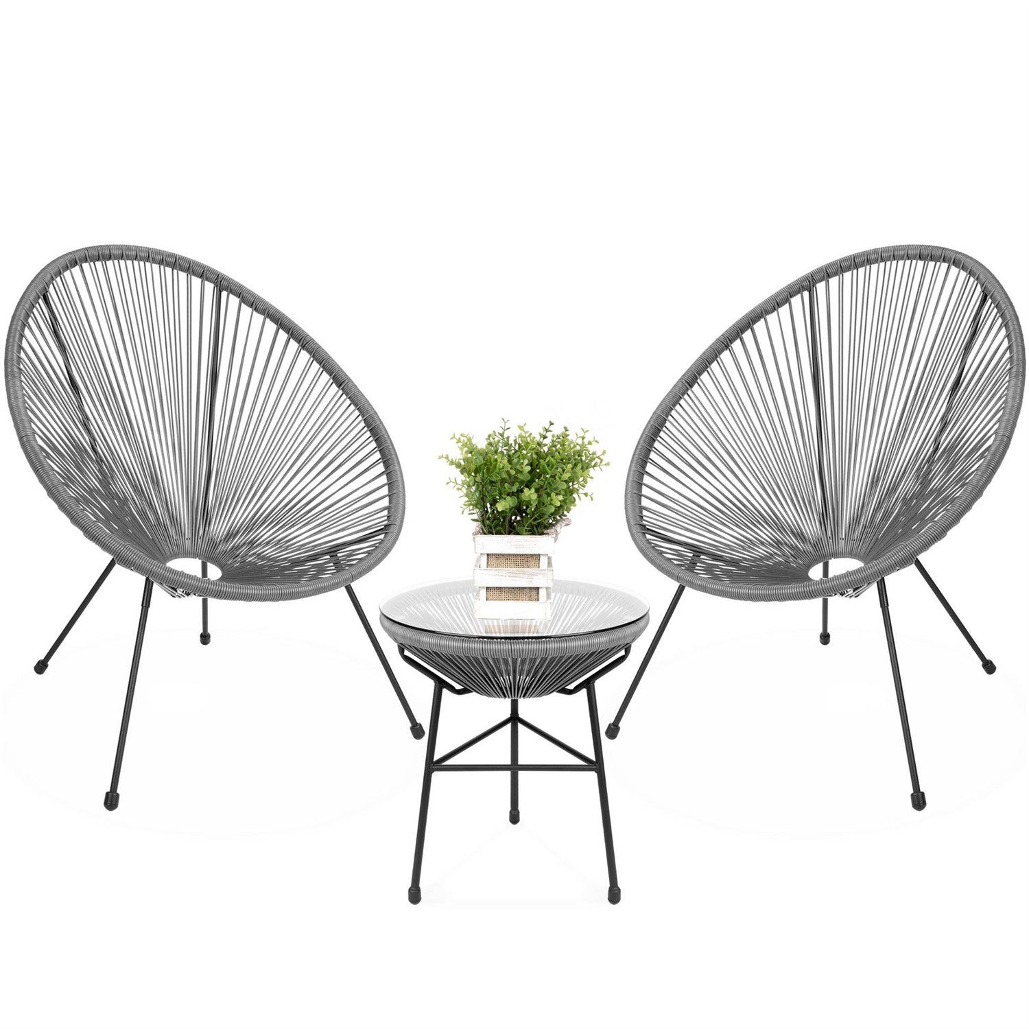 3 Piece Grey Oval Patio Rope Woven Chair Bistro Set FastFurnishings