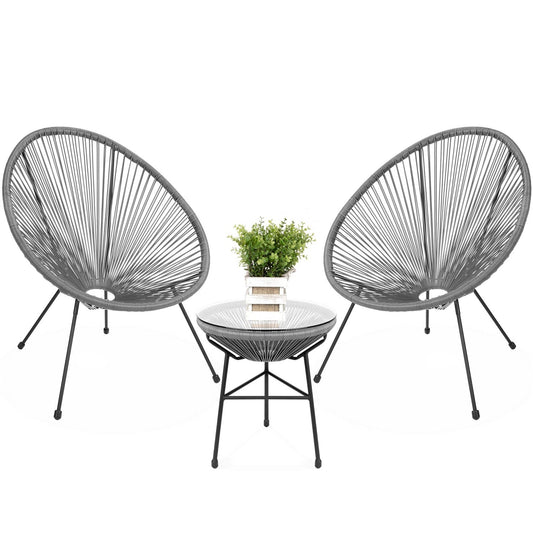 3 Piece Grey Oval Patio Rope Woven Chair Bistro Set FastFurnishings