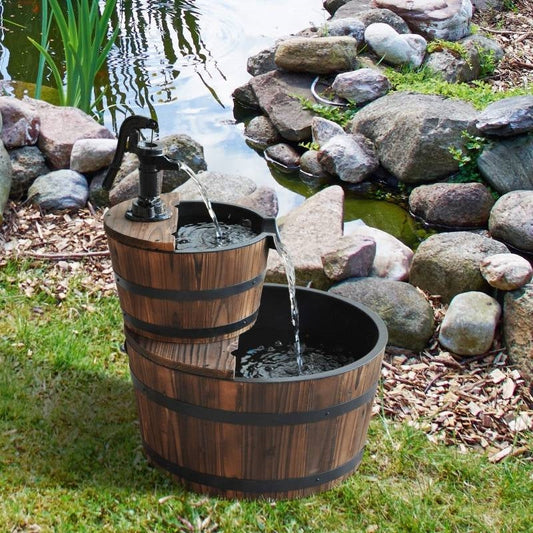 Outdoor 2-Tier Solid Wood Whisky Barrel Waterfall Fountain with Electric Pump FastFurnishings
