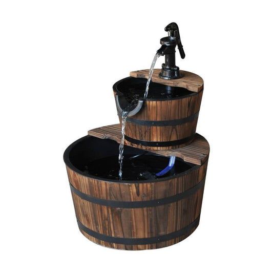 Outdoor 2-Tier Solid Wood Whisky Barrel Waterfall Fountain with Electric Pump FastFurnishings