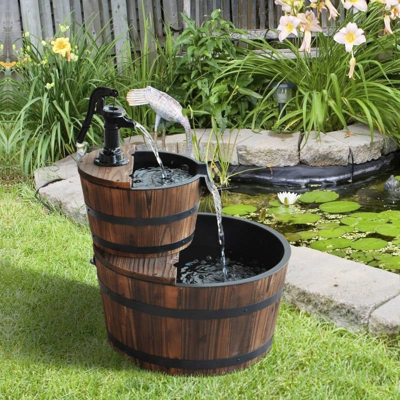 Outdoor 2-Tier Solid Wood Whisky Barrel Waterfall Fountain with Electric Pump FastFurnishings