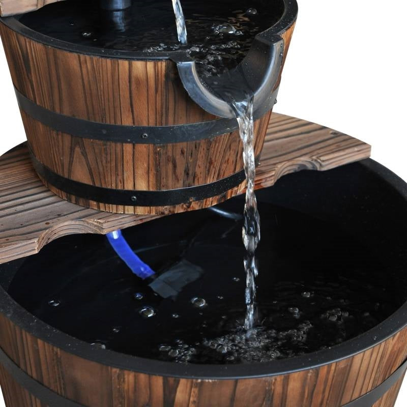 Outdoor 2-Tier Solid Wood Whisky Barrel Waterfall Fountain with Electric Pump FastFurnishings