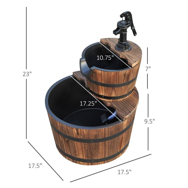 Outdoor 2-Tier Solid Wood Whisky Barrel Waterfall Fountain with Electric Pump FastFurnishings