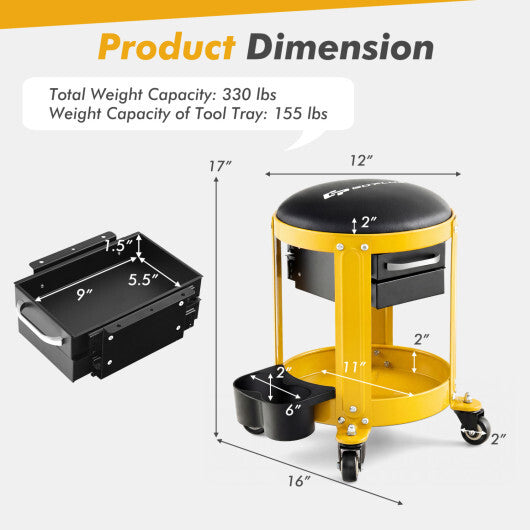 Rolling Mechanic Stool with Removable Padded Seat and Drawers-Yellow W2B