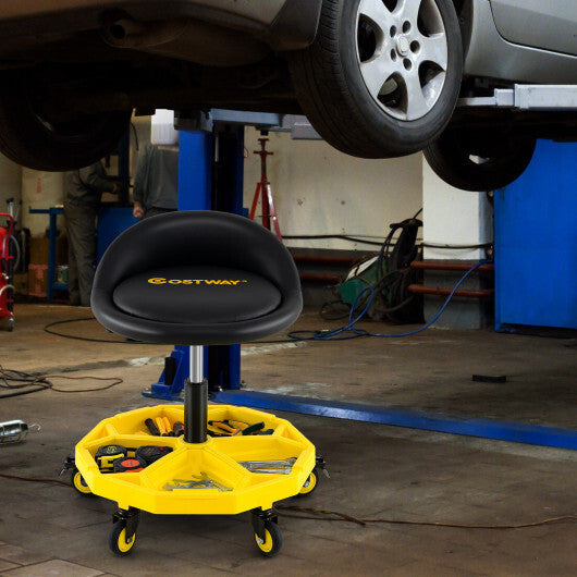 20 Inch-25 Inch Height Adjustable Rolling Garage Stool with Tool Tray Storage-Yellow W2B