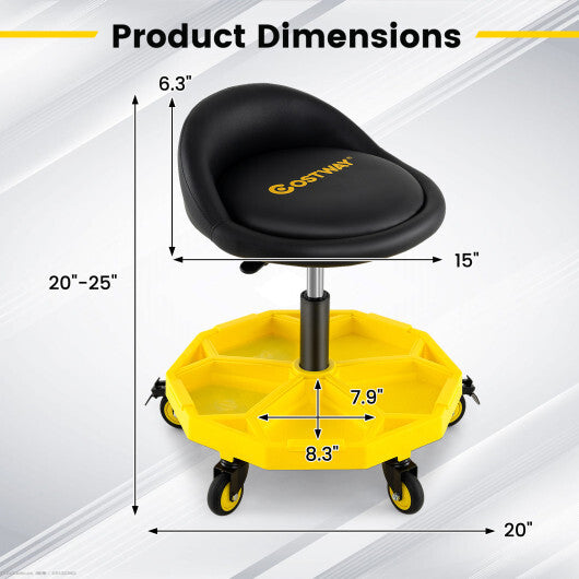 20 Inch-25 Inch Height Adjustable Rolling Garage Stool with Tool Tray Storage-Yellow W2B