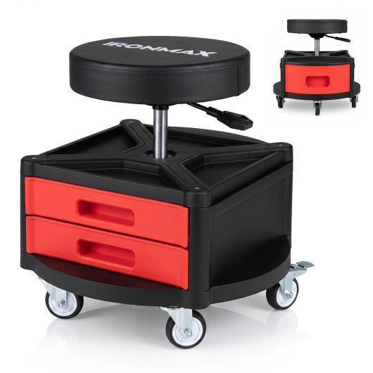 Rolling Mechanic Stool with Cushioned Seat & Dual Tool Trays 330 LBS-Red W2B