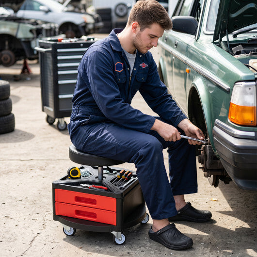 Rolling Mechanic Stool with Cushioned Seat & Dual Tool Trays 330 LBS-Red W2B