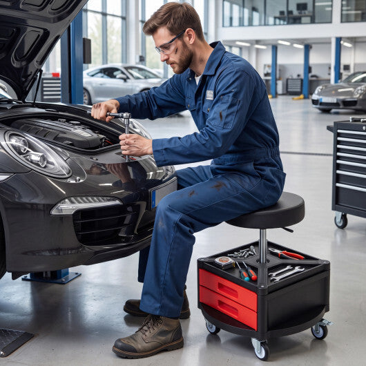 Rolling Mechanic Stool with Cushioned Seat & Dual Tool Trays 330 LBS-Red W2B