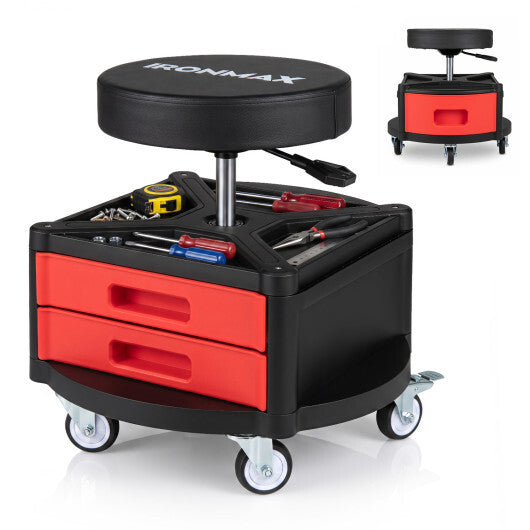 Rolling Mechanic Stool with Cushioned Seat & Dual Tool Trays 330 LBS-Red W2B