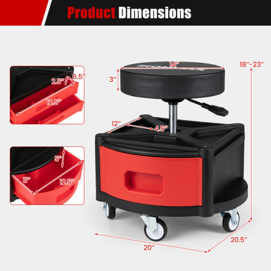 Rolling Mechanic Stool with Cushioned Seat & Dual Tool Trays 330 LBS-Red W2B